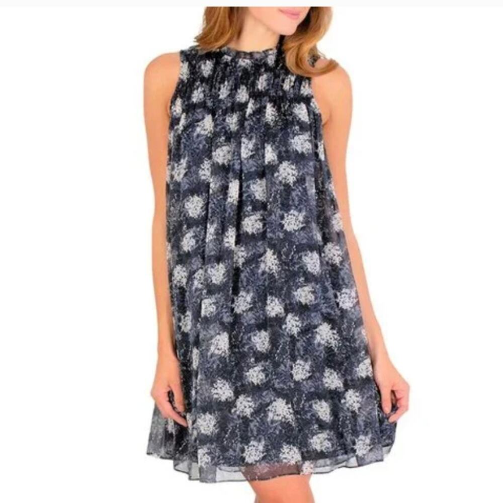NWT Joie Sheer Overlay Sleeveless Blue Baltic Print Mini Dress Size Large